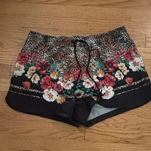 Johnny Was Black Floral and Leopard Athletic Shorts